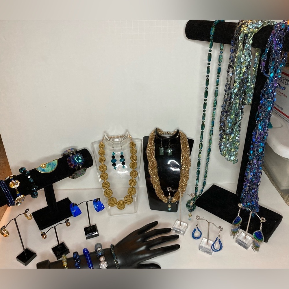 Vintage Jewelry Huge Lot Blues Greens Golds Necklaces Earrings Bracelets More